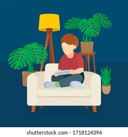 Little boy abstract cartoon character sitting in lotus position with smart pone in hands. Vector illustration, part of set.