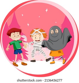 Little boy acting ghost on white background illustration
