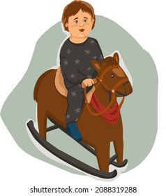 Little boy with action pony, mechanical horse toy, ride on bounce up and down and move. Toy horse. Playground. Vector illustration. Rocking horse