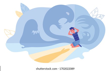 Little Boy Afraid of Ghost and Human Hand Silhouette Stretching for Help. Scared Child Need Psychological Support and Treatment from Nightmare. Professional Childish Phobia Cure. Vector Illustration