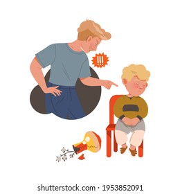 Little Boy Afraid Of Punishment For Broken Vase Sitting On Chair With Guilty Look Vector Illustration