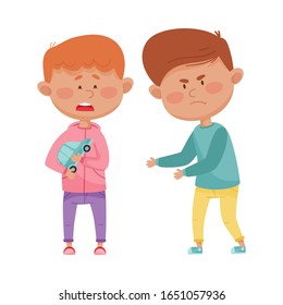 Pequeño niño con agresiva expresión facial va a quitar el Camión de juguete de su ilustración vectorial agematada