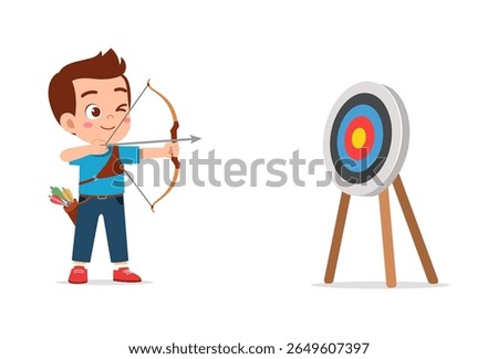 A little boy aiming arrow to the target practicing archery with happy expression in cartoon illustration