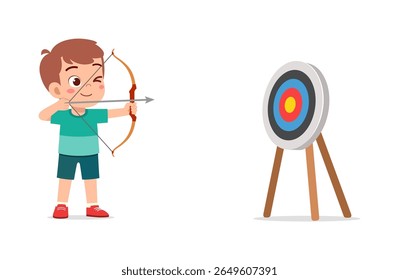 Garotinho mirando arco e seta no alvo com expressão concentrada no estilo dos desenhos animados
