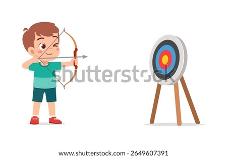 Little Boy Aiming Bow and Arrow at Target with Concentrated Expression in Cartoon Style