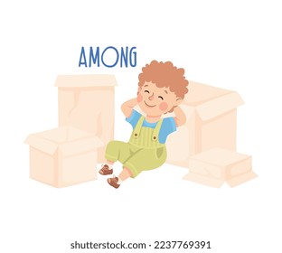 Little Boy Among Cardboard Box as Preposition Demonstration Vector Illustration