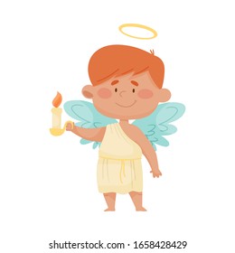 Little Boy Angel with Gold Nimbus and Wings Holding Candle Vector Illustration