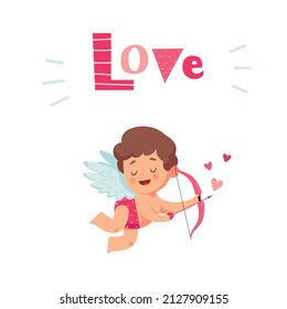 Little boy angel holds a bow and arrow in his hands, a holiday card for valentines day with an inscription love. Cute cupid on banner for romantic invitation or decoration