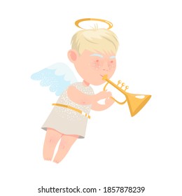 Little Boy Angel with Nimbus and Wings Playing Trumpet Vector Illustration