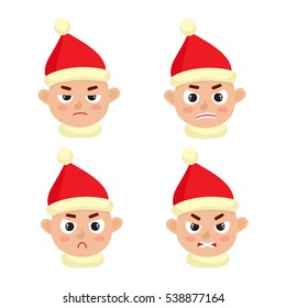 Little boy angry face expression, set of cartoon vector illustrations isolated on white background. Set of kid in santa hat emotion face icons, facial expressions.