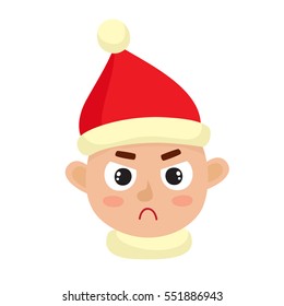Little boy with angry face expression, cartoon vector illustrations isolated on white background. Kid in santa hat. Emotion face icon, facial expressions.