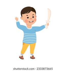 Little Boy with Angry Grimace Threatening Somebody with Toy Sword Vector Illustration