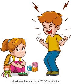 little boy angry and shouting at his friend. Angry boy shouting at a friend. Children are being bullied. Vector illustration