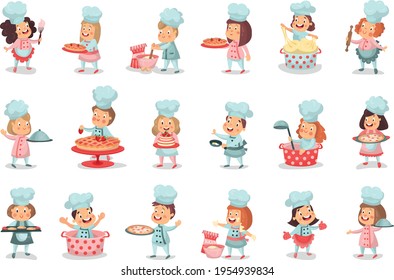 Little Boy ans Girl Characters in Chef Uniform Baking Pastry and Kneading Dough Vector Illustration Set