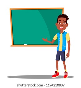 Little Boy Answers At The Blackboard In The Classroom Vector. Afro American. School. Isolated Illustration

