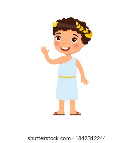 Little Boy In An Antique Costume Of The Ancient Greek Waves His Hand. Cute Cartoon Character