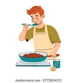 Little boy in apron tasting meal with a spoon while cooking on stove. Child character preparing dinner. Vector illustration isolated on white.