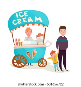 Little boy asking father to buy icecream near ice cream street seller wagon cartoon characters vector illustration  