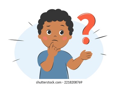 Little boy asking question. Knowledge and education concept. Vector illustration