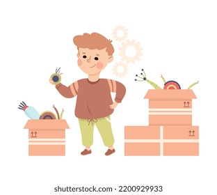Little Boy Assembling Robot Engineering Smart Technology and Artificial Intelligence Vector Illustration
