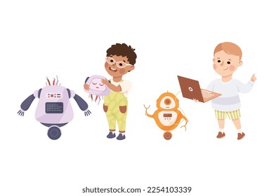 Little Boy Assembling Robot Engineering Smart Technology and Artificial Intelligence Vector Set