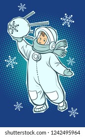 Little boy astronaut. Space satellite in hands. Winter snowfall. Comic cartoon pop art retro vector illustration drawing