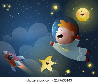 Kleiner Junge Astronaut mit Sternen und Sonne oder Mond und Rakete im Kosmos, süße kindliche Cartoons für Kinder. Träume von Kosmos und Weltraumdesign für Kinder. Vektorgrafik.