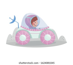 Little Boy Astronaut Wearing Spacesuit Exploring the Moon Vector Illustration