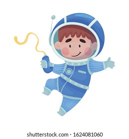 Little Boy Astronaut Wearing Spacesuit Exploring the Moon Vector Illustration