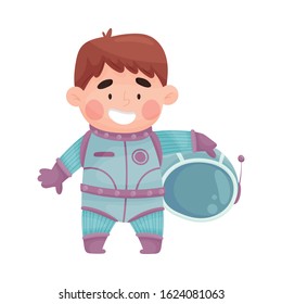 Little Boy Astronaut Wearing Spacesuit Exploring the Moon Vector Illustration