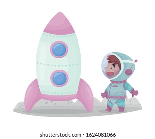 Little Boy Astronaut Wearing Spacesuit Exploring the Moon Vector Illustration