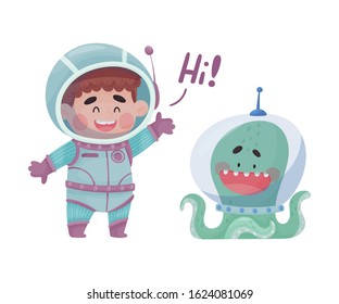 Little Boy Astronaut Wearing Spacesuit Exploring the Moon Vector Illustration
