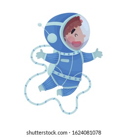 Little Boy Astronaut Wearing Spacesuit Exploring the Moon Vector Illustration