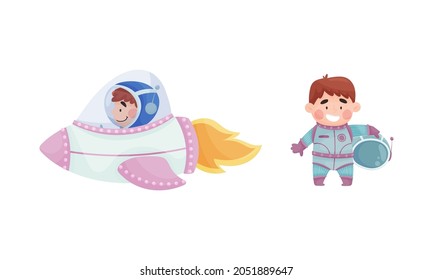 Little Boy Astronaut Wearing Spacesuit Exploring the Moon Flying with Spaceship and Smiling Vector Set