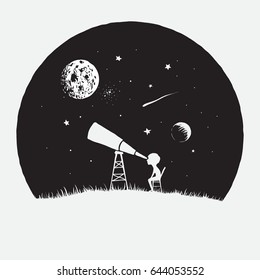 Little boy astronomer looks to through a telescope to space.Astronomy and education theme.Childish vector illustration.Exploration of universe.