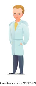 Little boy in autumn cloak. Teen in warm clothes for rain. Cheerful person. Standing pose. Cartoon comic style flat design. Single character. Illustration isolated on white background. Vector.