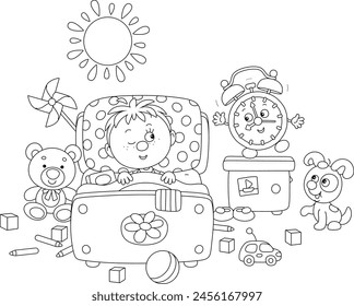Little boy awaking up in his pretty small bed among toys after merry rings of a funny alarm clock in a nursery room on a sunny morning, black and white vector cartoon illustration