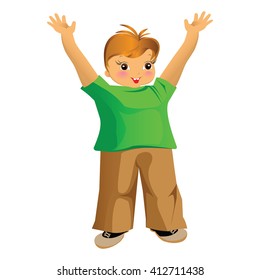 Little boy baby smile and raised hands on white background