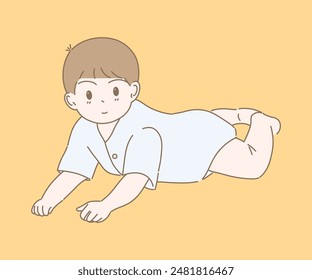 Little boy in baby suit learning to crawl on the floor. Cute baby crawling, smiling. Adorable infant lying down. Hand drawn flat cartoon character vector illustration.