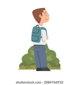 Little Boy with Backpack Engaged in School Gardening Standing Near Green Bush Vector Illustration