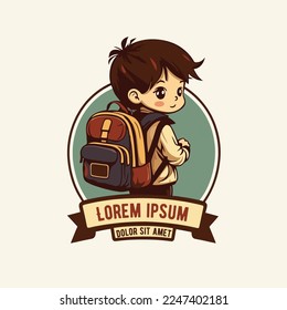 Little boy with backpack go back to school flat color vector style illustration for poster banner greeting card template