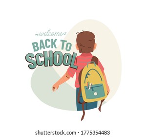 Little boy with backpack go to school for the first time. Back to school vector design with greeting text isolated on white background. Back view.