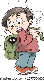 A little boy  with a backpack on his back. Vector drawing in cartoon style. Isolated on white background.