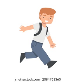 Kleiner Junge mit Rucksack, der eine Vektorgrafik zum Lachen bringt
