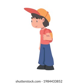 Little Boy with Backpack Standing and Looking at Something with Interest Vector Illustration