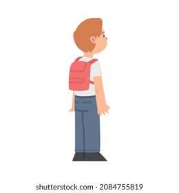 Little Boy with Backpack Standing and Looking at Something with Interest Vector Illustration