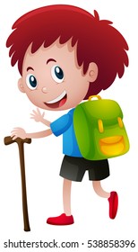 Little boy with backpack and walking stick illustration