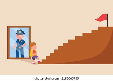 A Little Boy With Bag Climbing Up Stairs To Reach His Goal On The Top. Kid Dreaming Concept. Vector Illustration. 