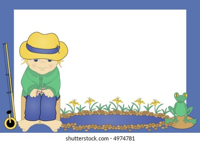 Little Boy baiting fishing hook with a pond,frog and flowers over a blue and white background.Vector.
