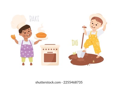 Little Boy Baking Pie and Digging Soil Demonstrating Vocabulary and Verb Studying Vector Set